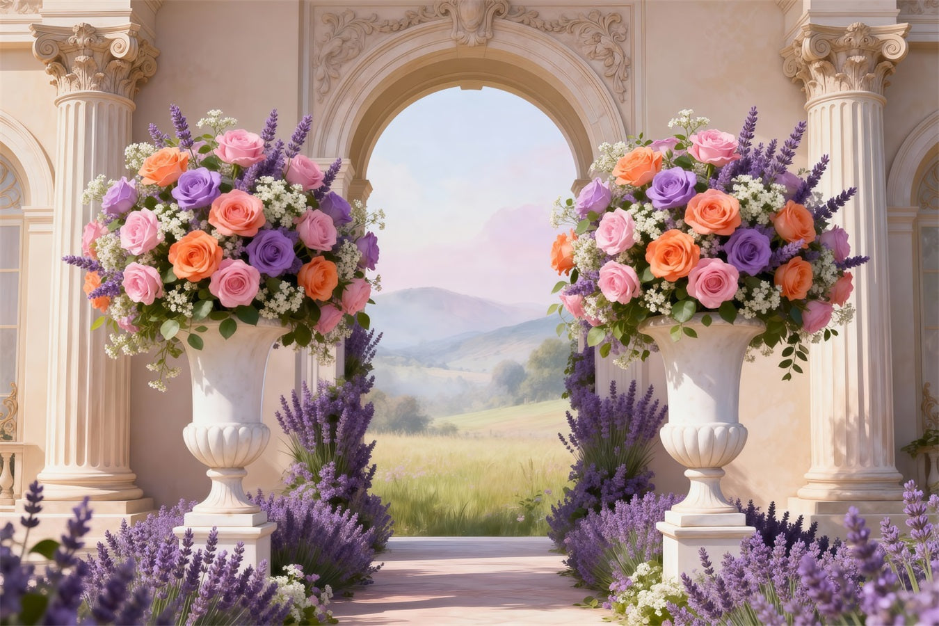 Verzauberter Garten-Hintergrund Pastellfarbener Blumenhof Talblick Frühlingshintergrund RR62-8