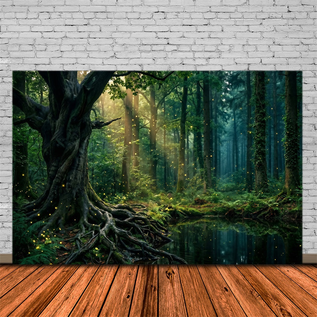 Regenwald-Hintergründe: Sonnendurchflutete Bäume, Teich, Glühen der Glühwürmchen, Wurzeln, Foto-Hintergrund Wald RR63-151