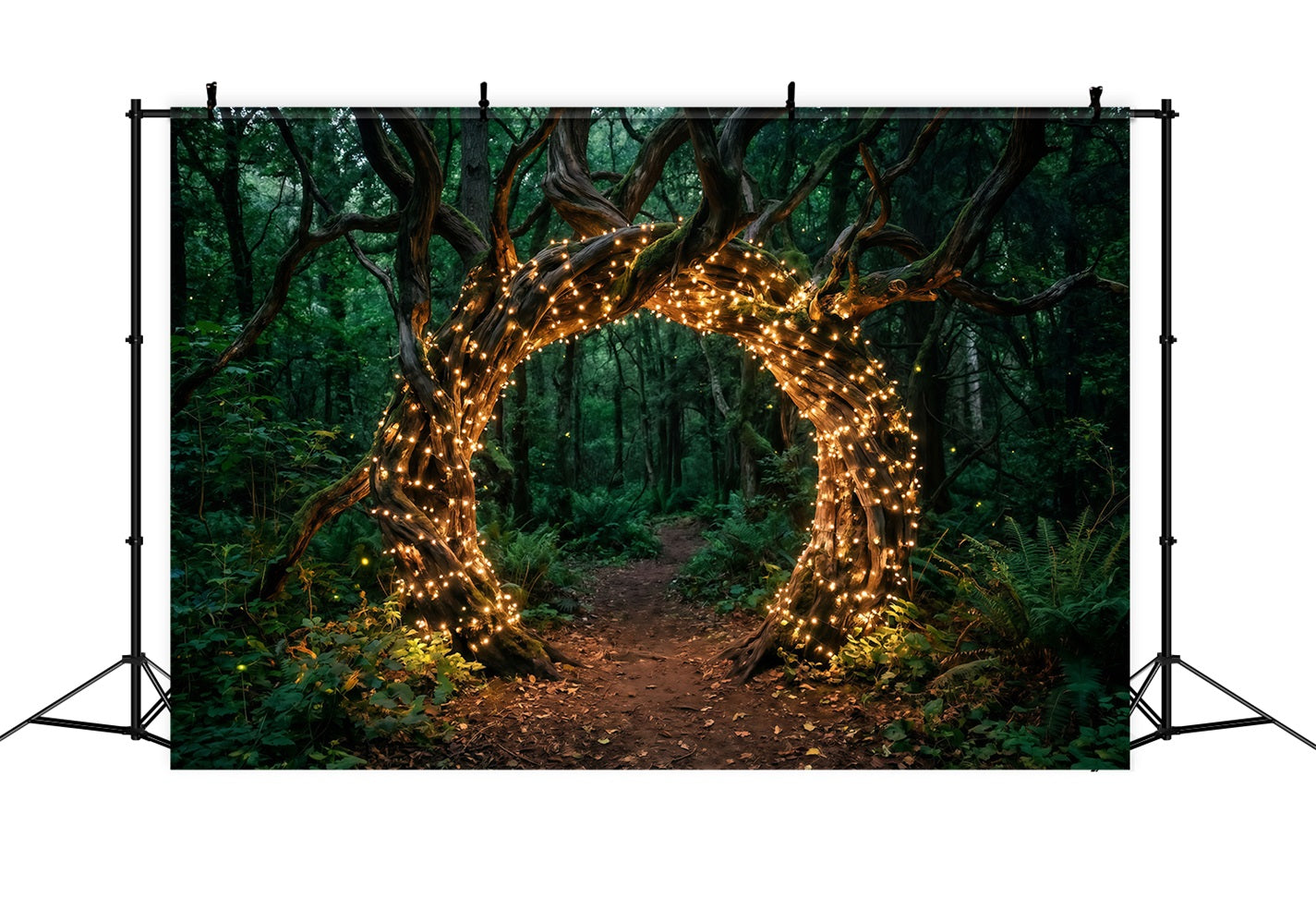 Hintergrund Wald-Motiv Verdrehter Baumbogen Goldene Lichterkette Grüner Wald-Hintergrund RR63-153