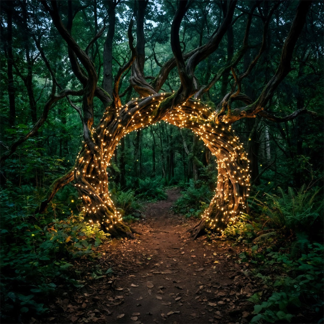 Hintergrund Wald-Motiv Verdrehter Baumbogen Goldene Lichterkette Grüner Wald-Hintergrund RR63-153