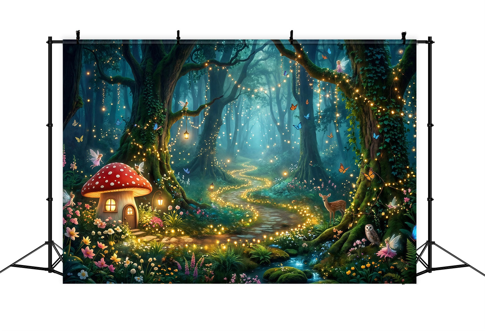 Verzauberter Wald-Hintergrund Pilzhütte Leuchtender Weg Wald-Fotobox-Hintergrund RR63-154