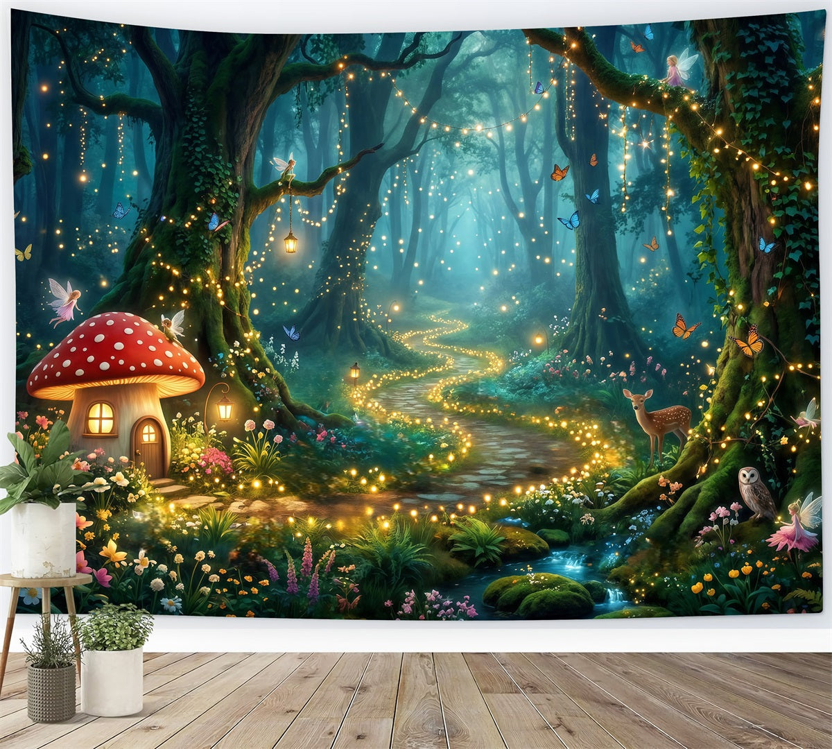 Verzauberter Wald-Hintergrund Pilzhütte Leuchtender Weg Wald-Fotobox-Hintergrund RR63-154