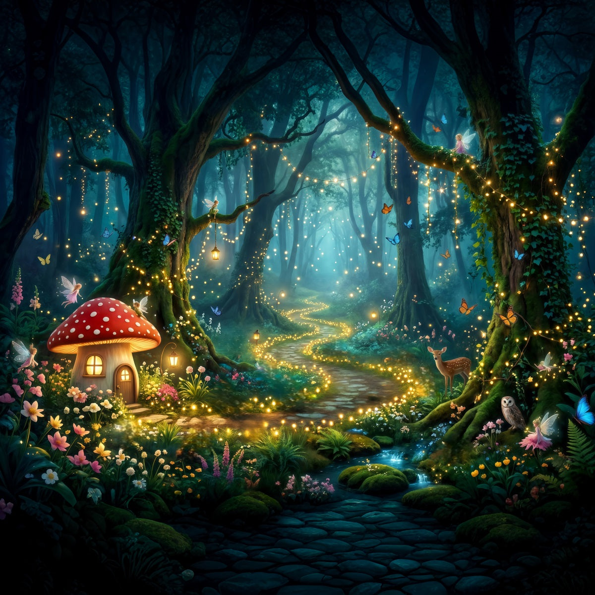 Verzauberter Wald-Hintergrund Pilzhütte Leuchtender Weg Wald-Fotobox-Hintergrund RR63-154