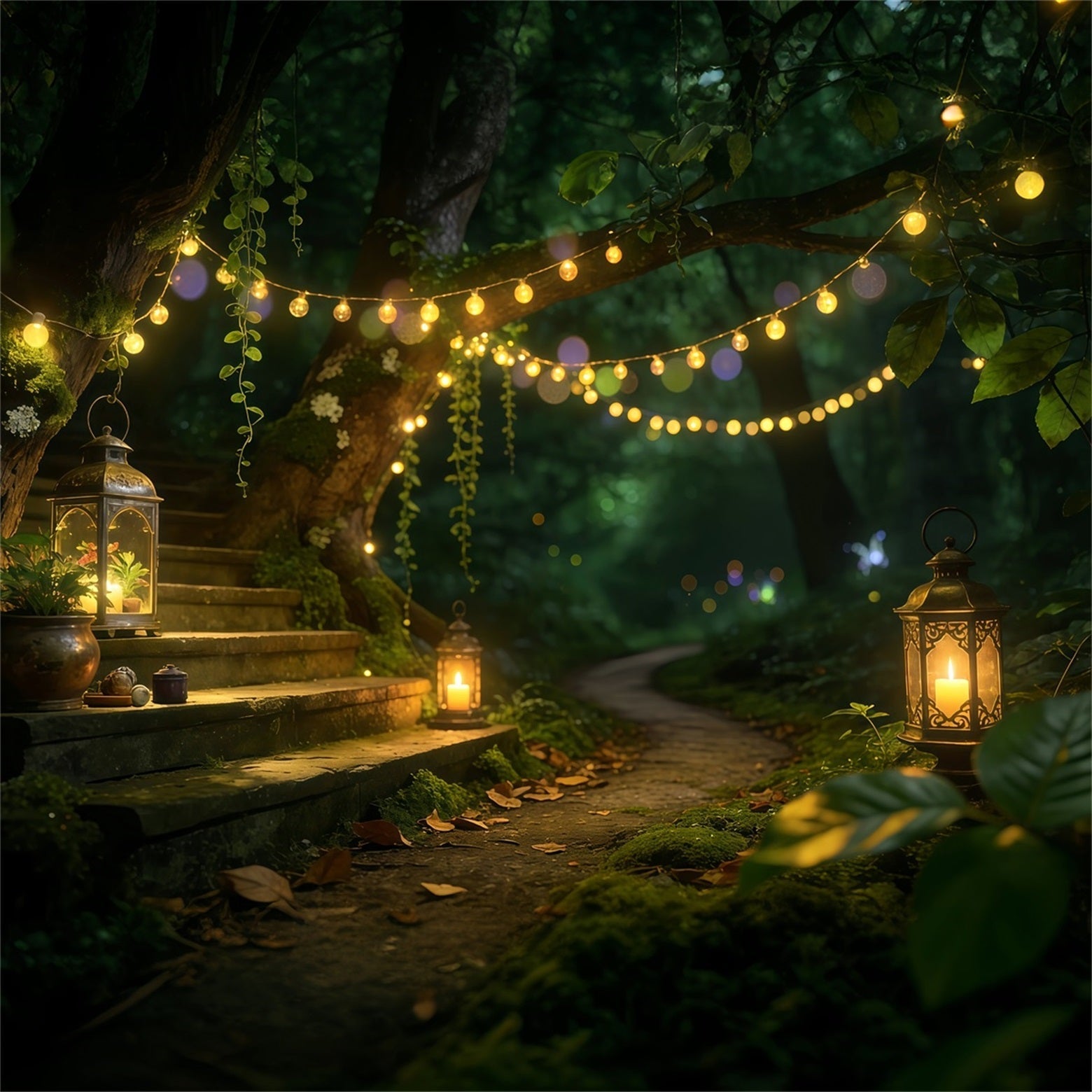 Waldhintergründe für die Fotografie Laterne Treppe Waldweg Verzauberter Waldhintergrund RR63-156