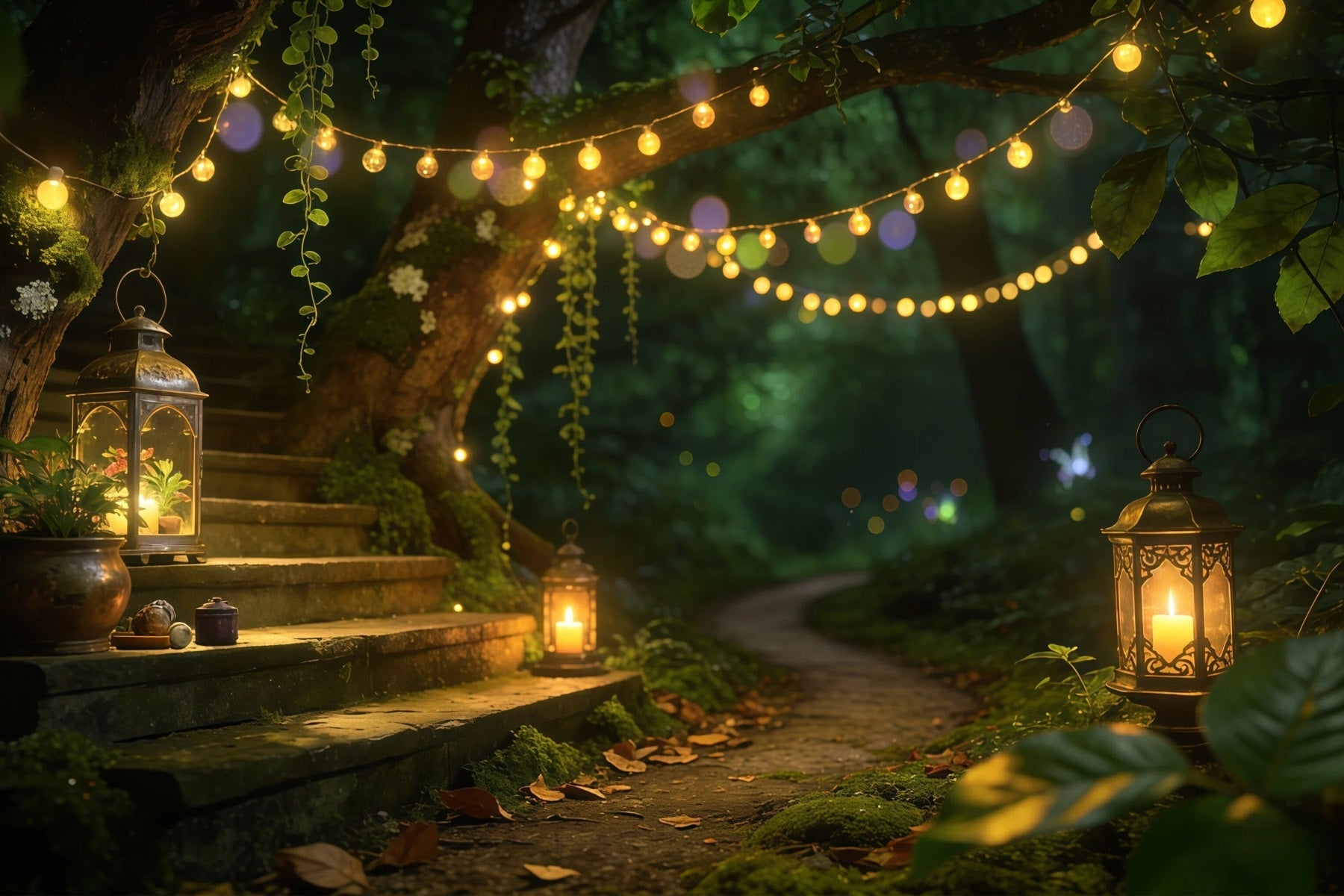 Waldhintergründe für die Fotografie Laterne Treppe Waldweg Verzauberter Waldhintergrund RR63-156