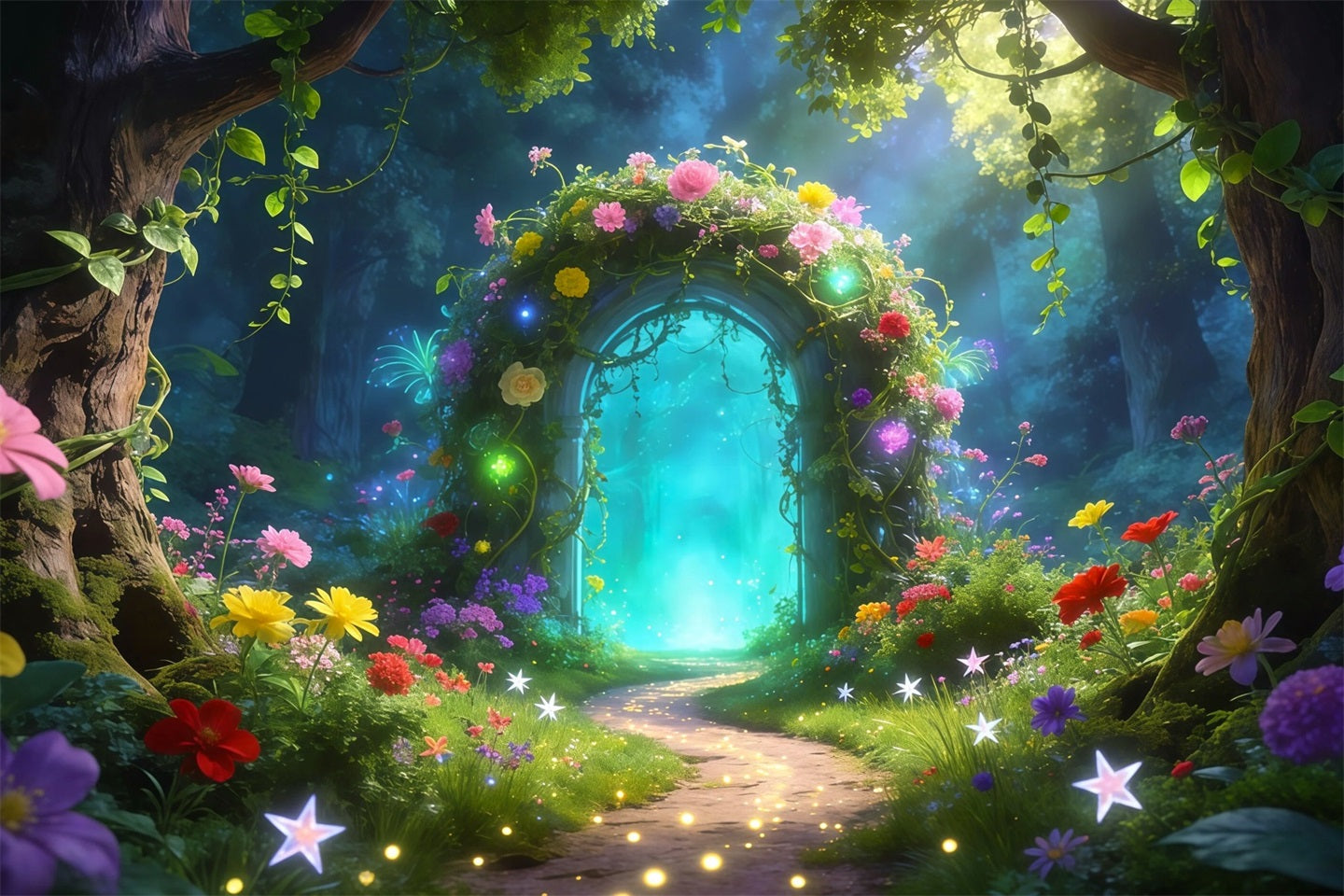 Fotohintergrund Wald: Verzauberter Blumenbogen, leuchtender magischer Pfad, grüner Waldhintergrund RR63-157