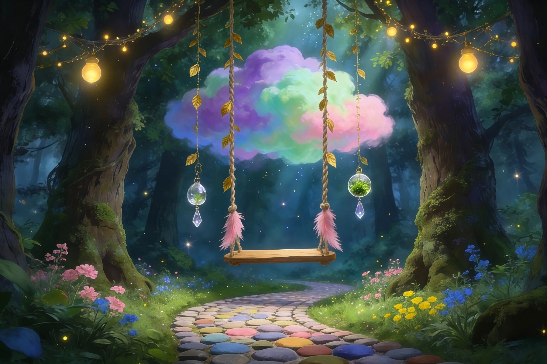 Fotohintergrund Verzauberter Wald: Verträumte Wolkenschaukel, hängender Kristallwald-Hintergrund RR63-158