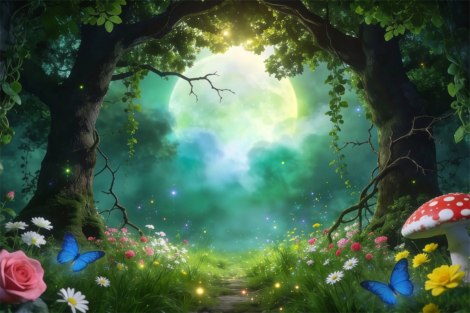 Märchenhafter Waldhintergrund – Mondbeschienene Waldlichtung – Riesiger Mond – Leuchtender Waldhintergrund für Fotos RR63-159