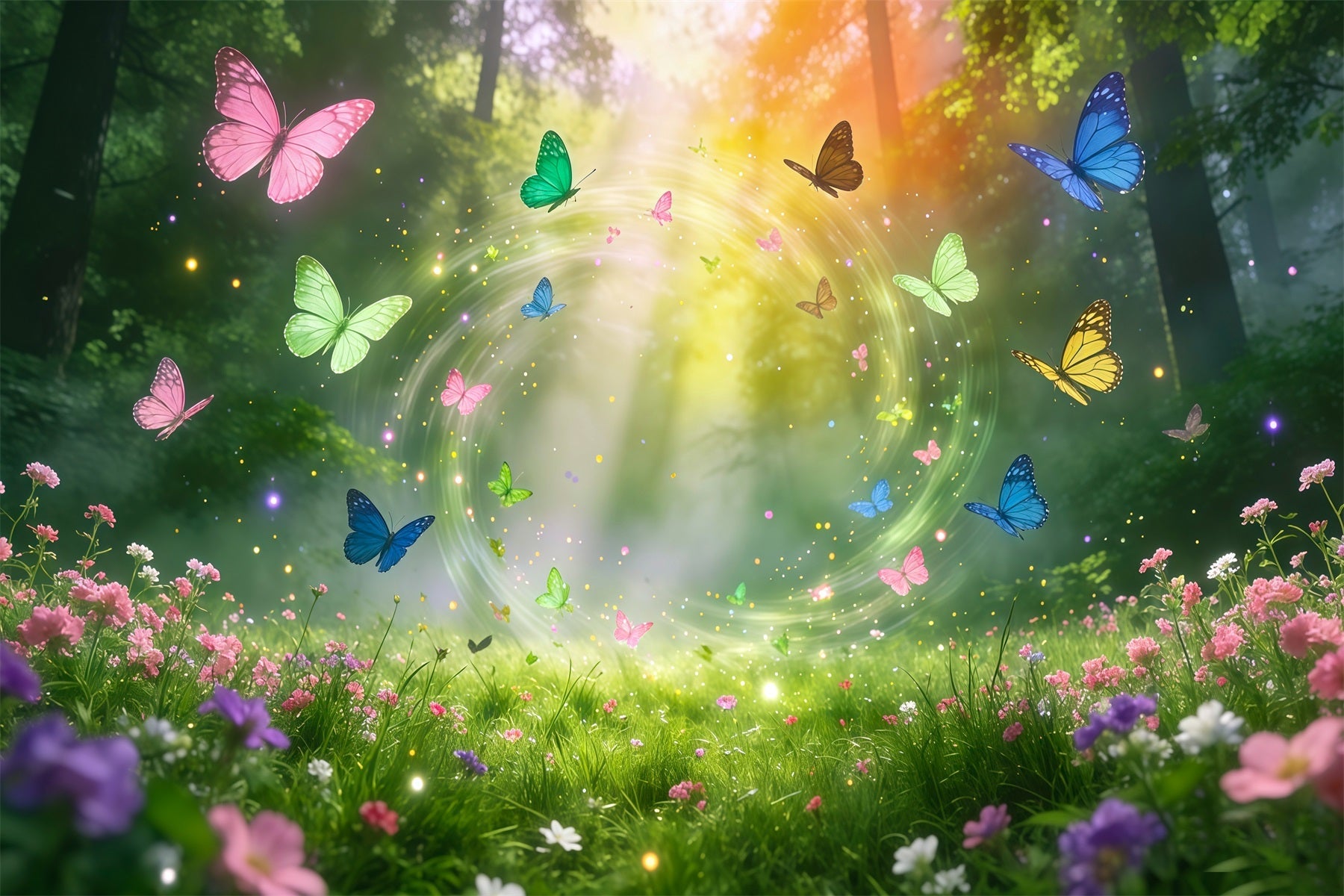 Verzauberter Waldhintergrund – DIY – Bunte Schmetterlingskreise – Magischer Lichtstrahl – Waldhintergrund RR63-160