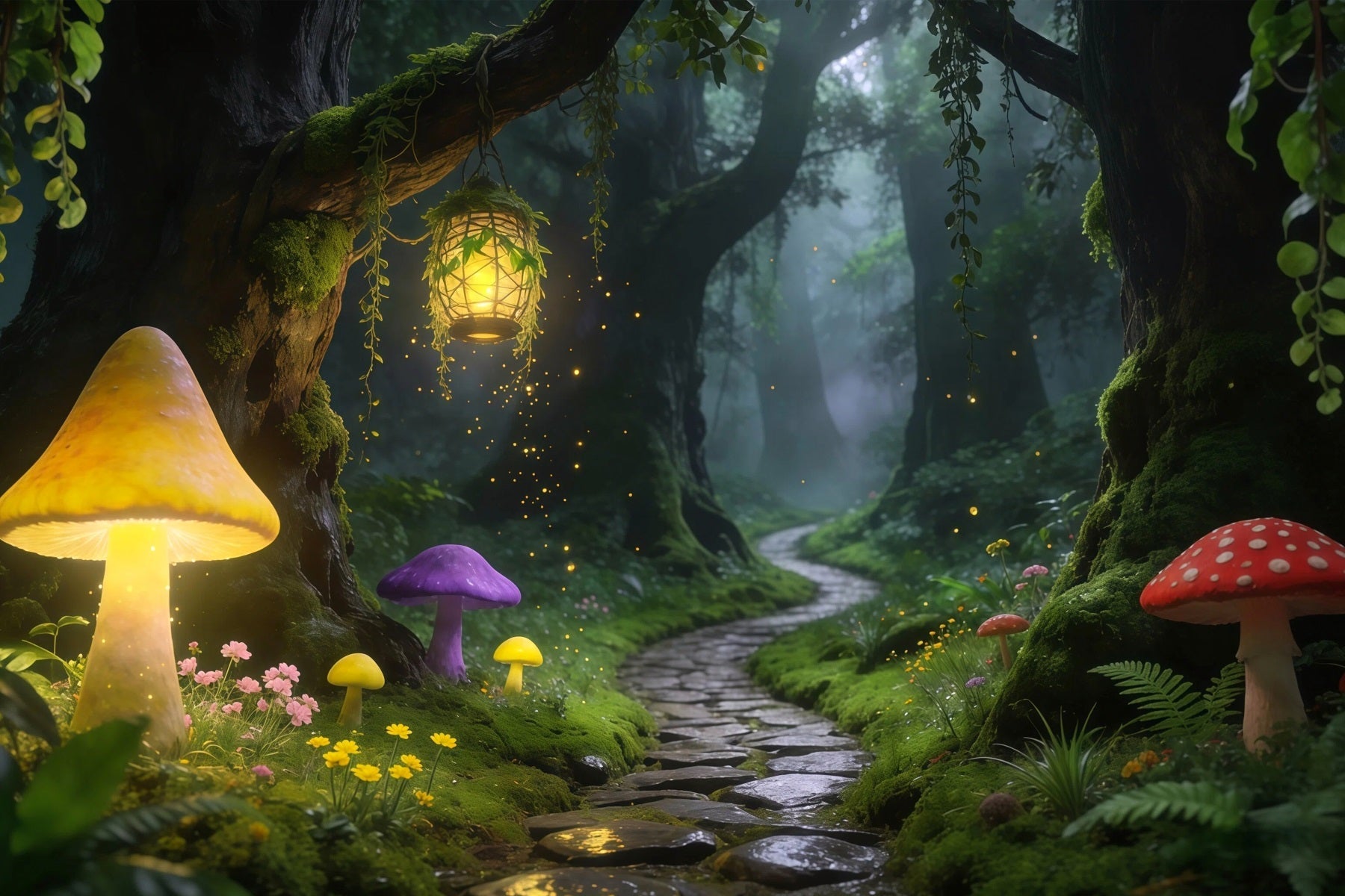 Waldhintergrund für Fotos – Leuchtender Pilzpfad – Laternenweg – Regenwaldhintergrund RR63-161