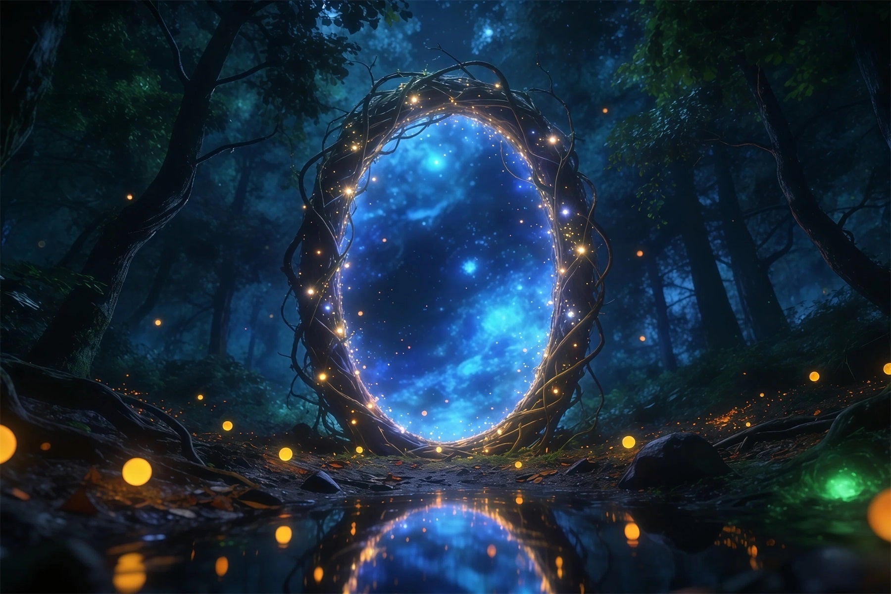 Ideen für Waldkulissen: Mystisches Lichtportal, sternenklarer Spiegelteich, Wald-Fotokulisse RR63-162