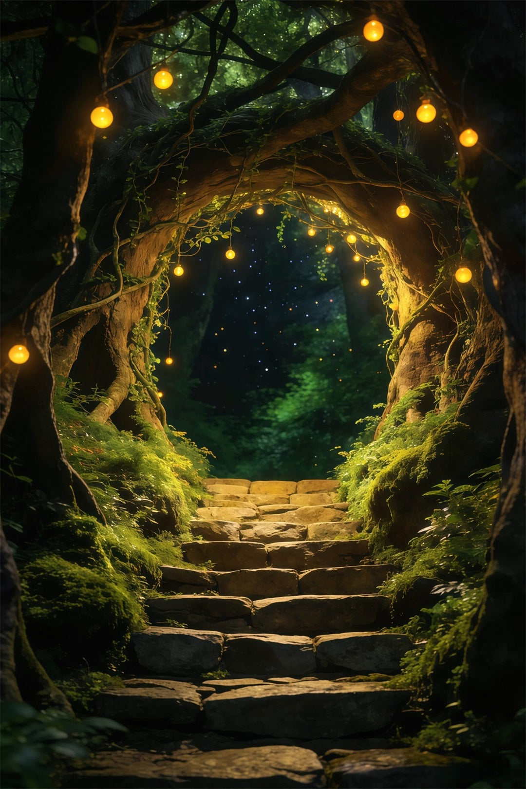 Wald-Fotokabinenkulisse: Verzauberter Baumbogen, goldene Lichterkette, Waldkulisse RR63-163