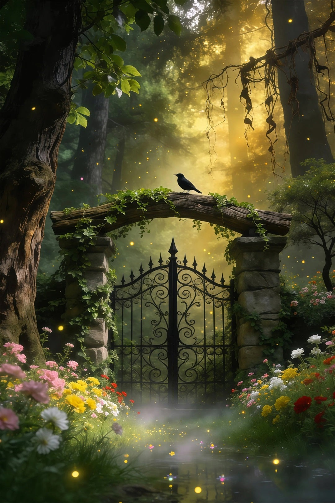 Kulissen: Wald, Vintage-Eisentor, Vogelgarten, leuchtender Wald, Fotokulisse RR63-164