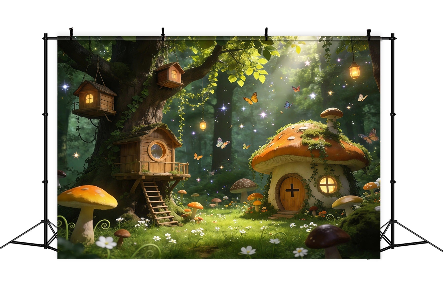 Wald-Themenhintergrund Feenbaumhaus Pilzhütte Leuchtender verzauberter Wald-Hintergrund RR63-165