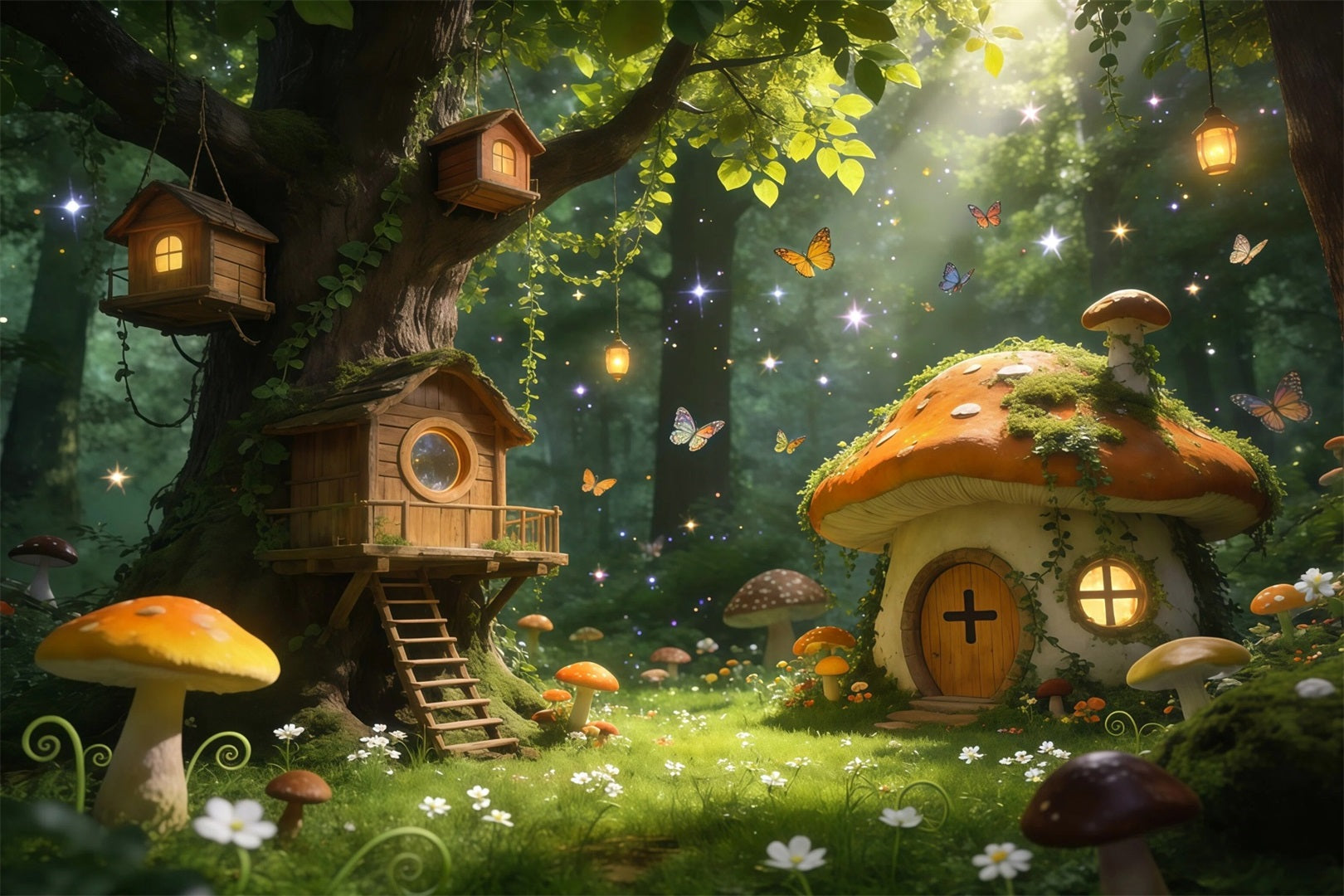 Wald-Themenhintergrund Feenbaumhaus Pilzhütte Leuchtender verzauberter Wald-Hintergrund RR63-165