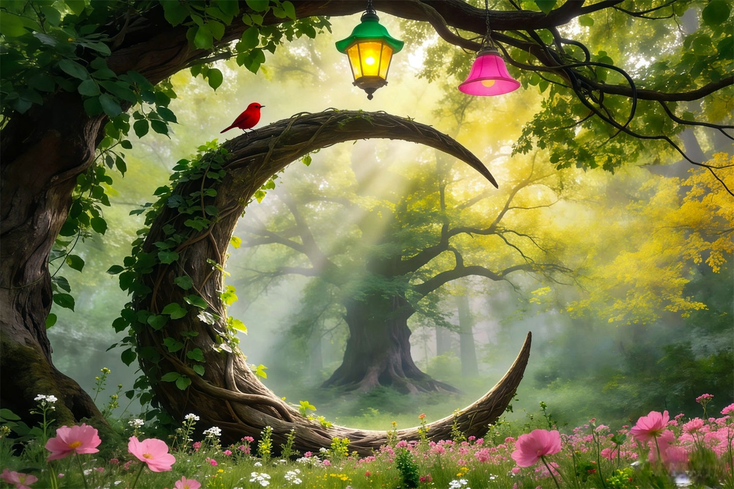 Waldgrüner Hintergrund Geschwungener Weinbogen Rote Vogel-Laternen Wald-Fotohintergrund RR63-166