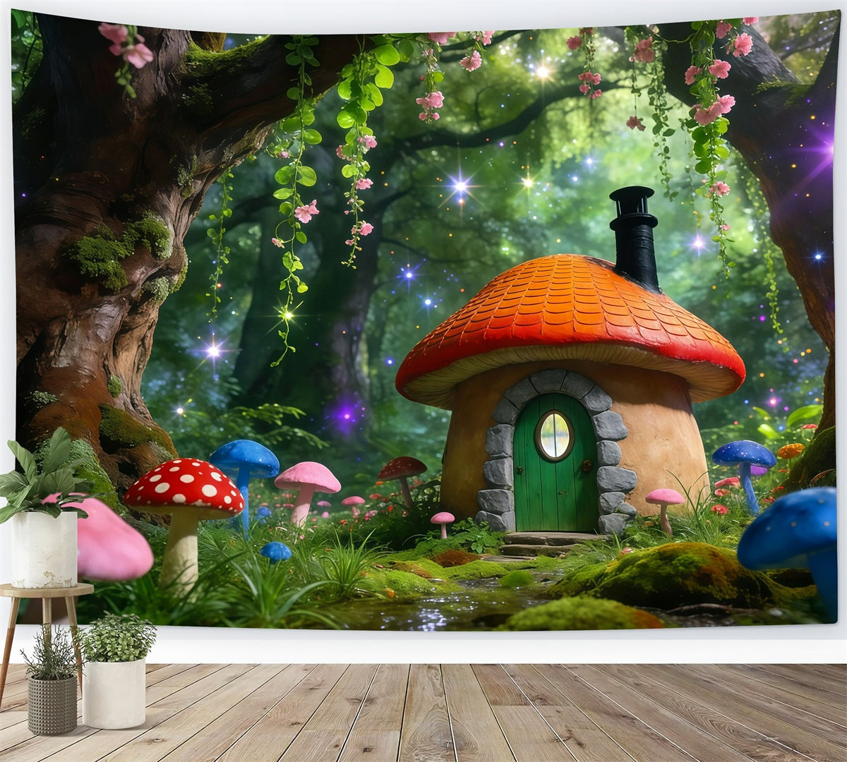 Märchenwald-Hintergrund Bunte Pilzhütte Funkelnder Wald-Hintergrund Ideen RR63-167