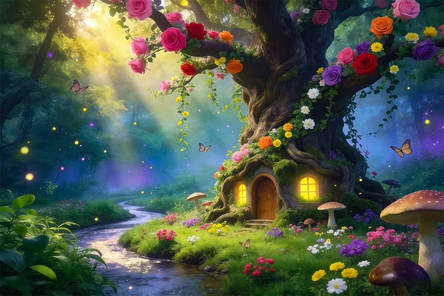Wald-Hintergrund: Blühender Baum, Baumhöhle, Häuschen, Waldweg – Fotohintergrund RR63-168