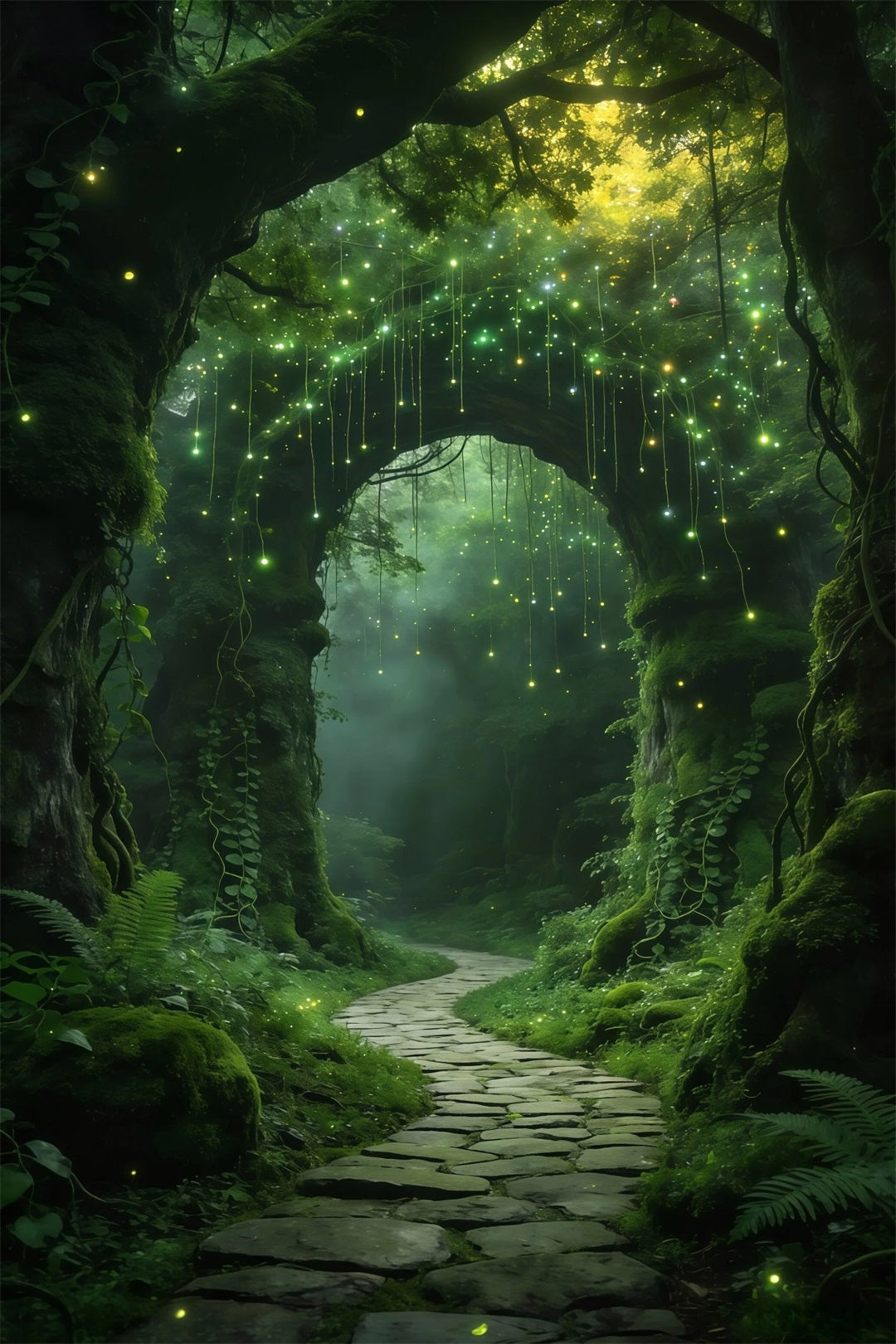 Wald-Fotobox-Hintergrund: Leuchtender Weinbogen, verzauberter Pfad, Regenwald-Hintergrund RR63-170