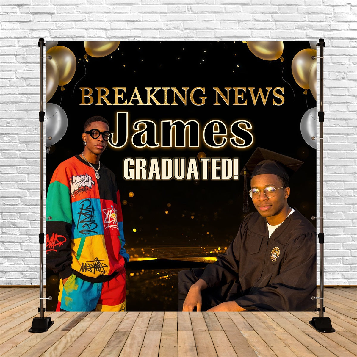 Ideen für Abschlussfeier-Kulissen: Schwarz-Gold, Scheinwerfer und Luftballons – Individuelle Abschlussfeier-Kulisse RR63-8