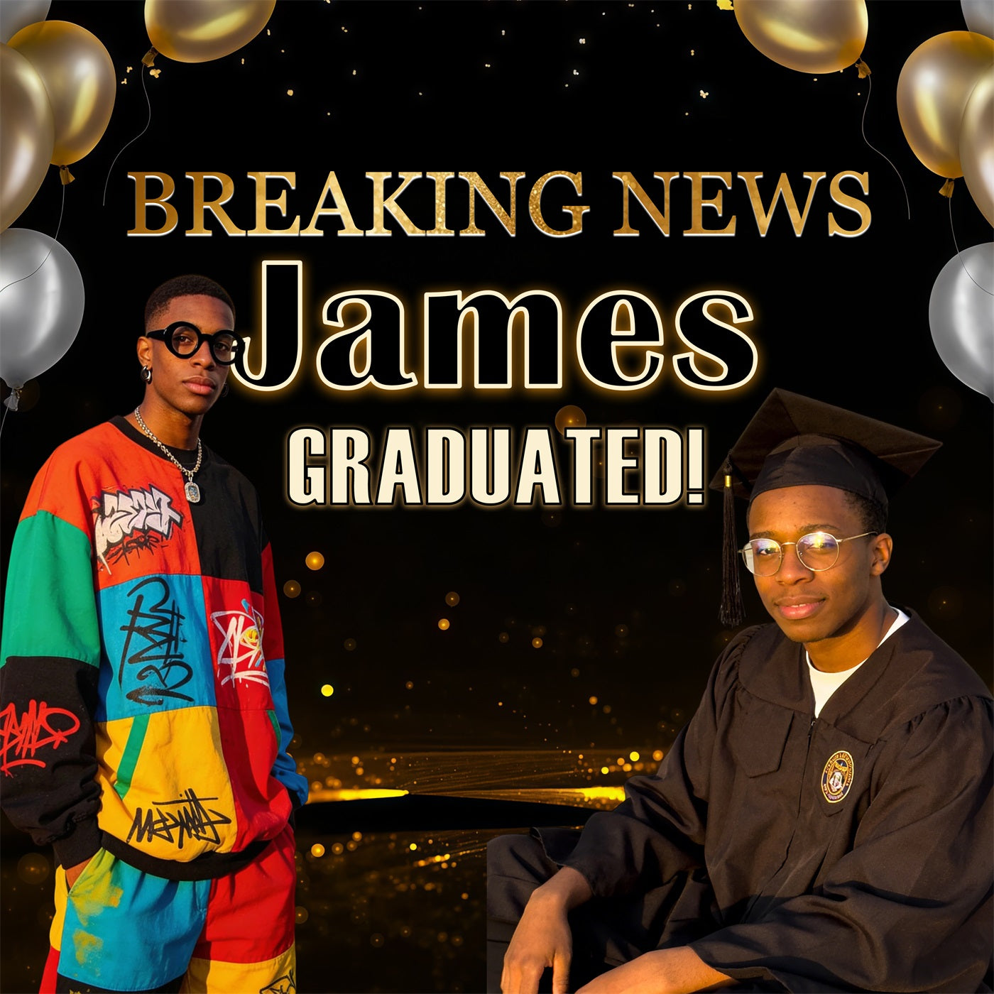 Ideen für Abschlussfeier-Kulissen: Schwarz-Gold, Scheinwerfer und Luftballons – Individuelle Abschlussfeier-Kulisse RR63-8