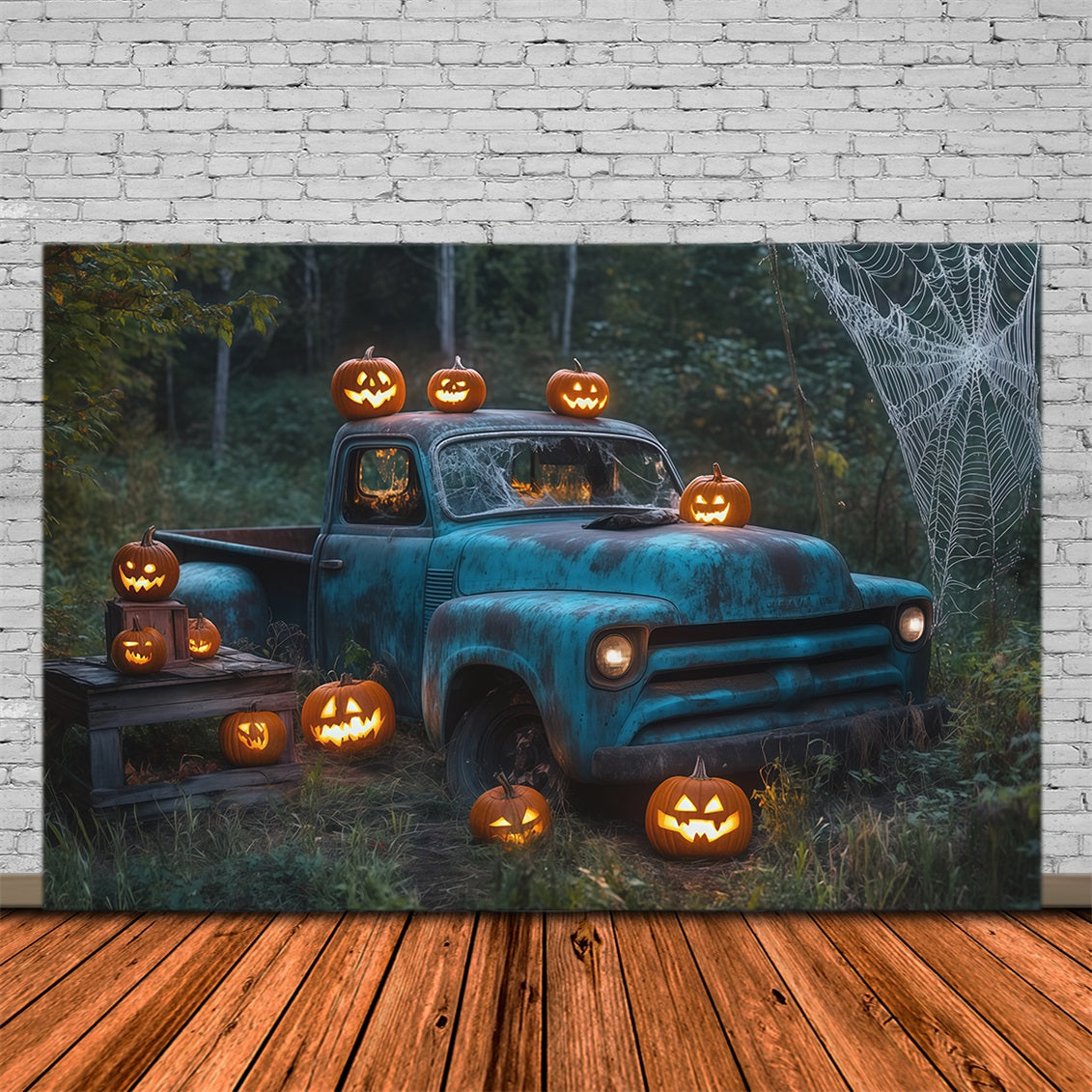 Halloween-Hintergrund Für Den AußenbereichVintage-Truck Kürbis Spinnennetz Gruseliger Halloween-Hintergrund RR67-109