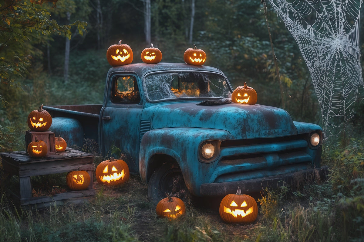 Halloween-Hintergrund Für Den AußenbereichVintage-Truck Kürbis Spinnennetz Gruseliger Halloween-Hintergrund RR67-109