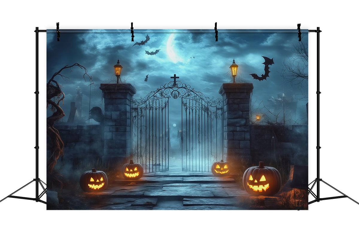 Halloween-Fotohintergrund Im FreienNebliges Friedhofstor Kürbisse RR67-11
