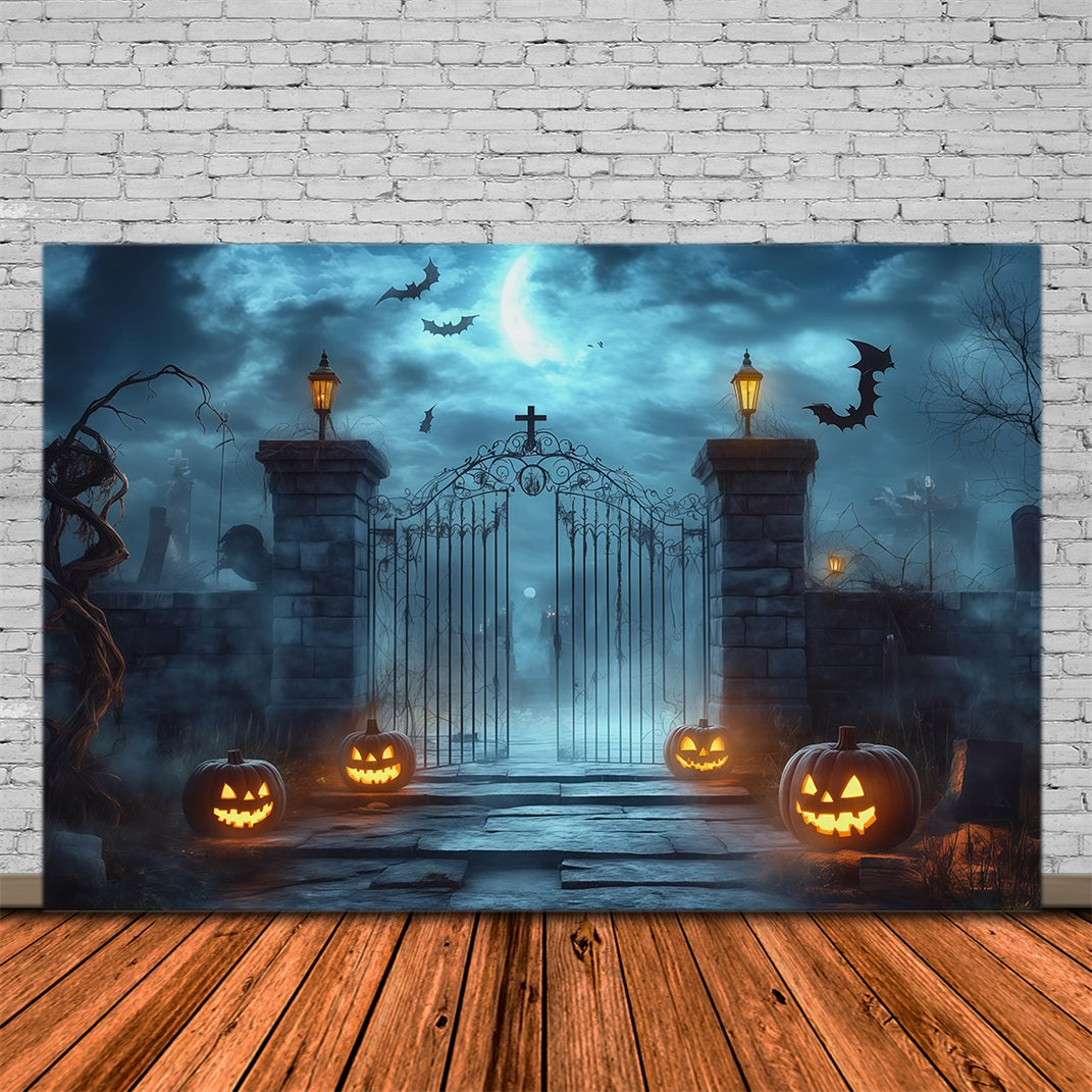 Halloween-Fotohintergrund Im FreienNebliges Friedhofstor Kürbisse RR67-11