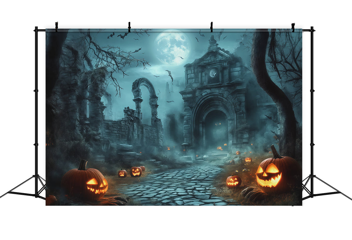 Halloween-Fotohintergrund Im FreienMondbeschienene Ruinen Kürbisweg Halloween-Hintergründe Für Fotos RR67-111