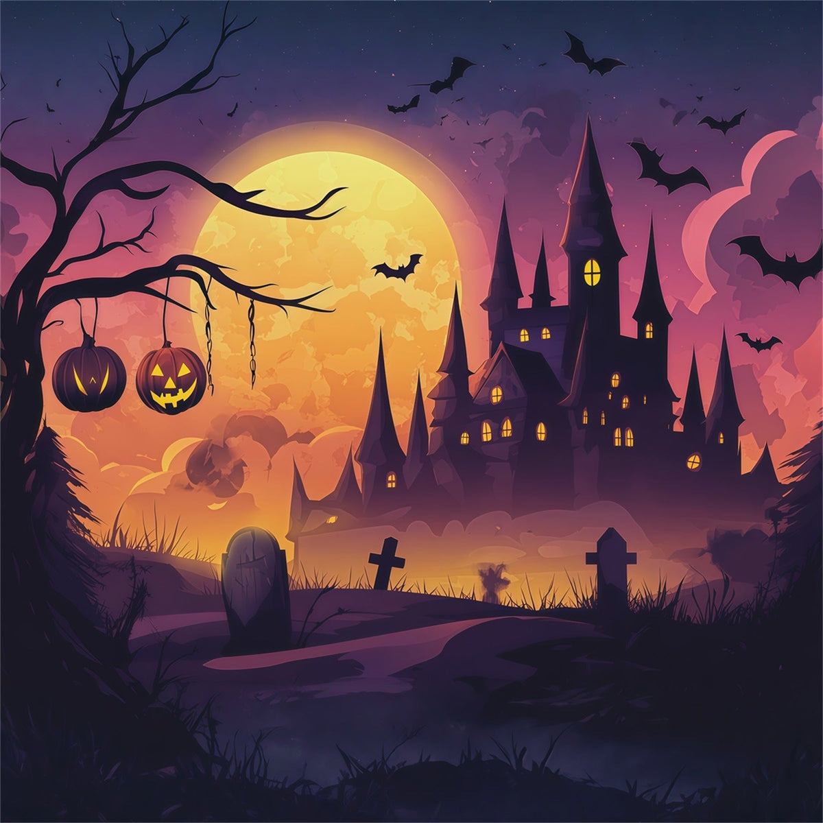 Einfacher Halloween-Hintergrund Mondbeschienener Kürbis Burg Friedhof Extra Großer Halloween-Hintergrund RR67-147