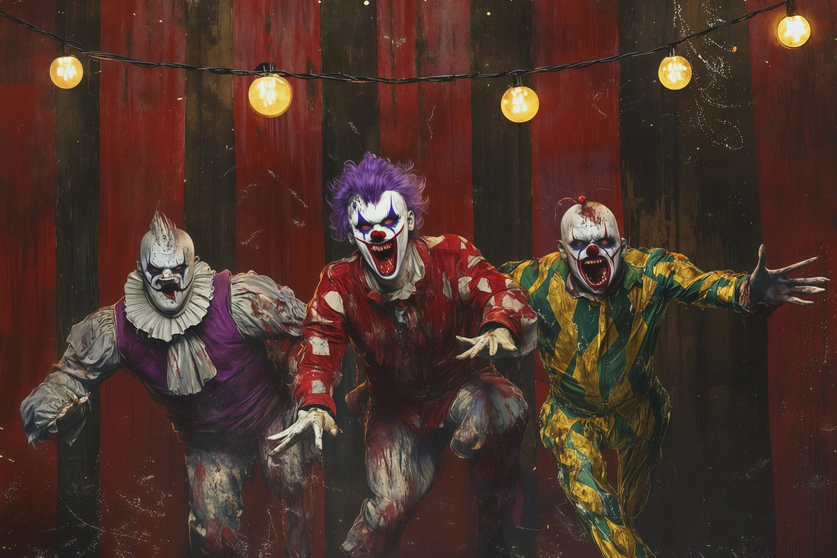 Halloween-Clown-Hintergrund Gruseliges Zirkus-Trio Halloween-Stoffhintergrund RR67-148