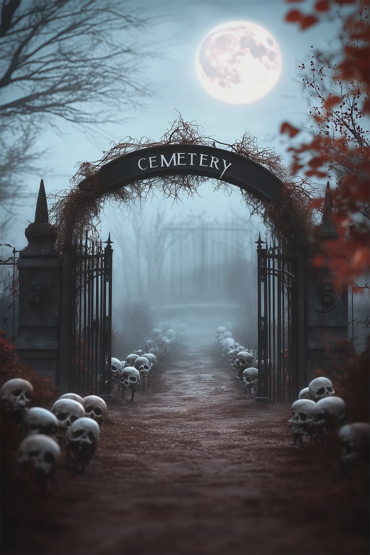 Halloween-Fotohintergrund Im FreienNebeliger Totenkopf Am Friedhofseingang RR67-160