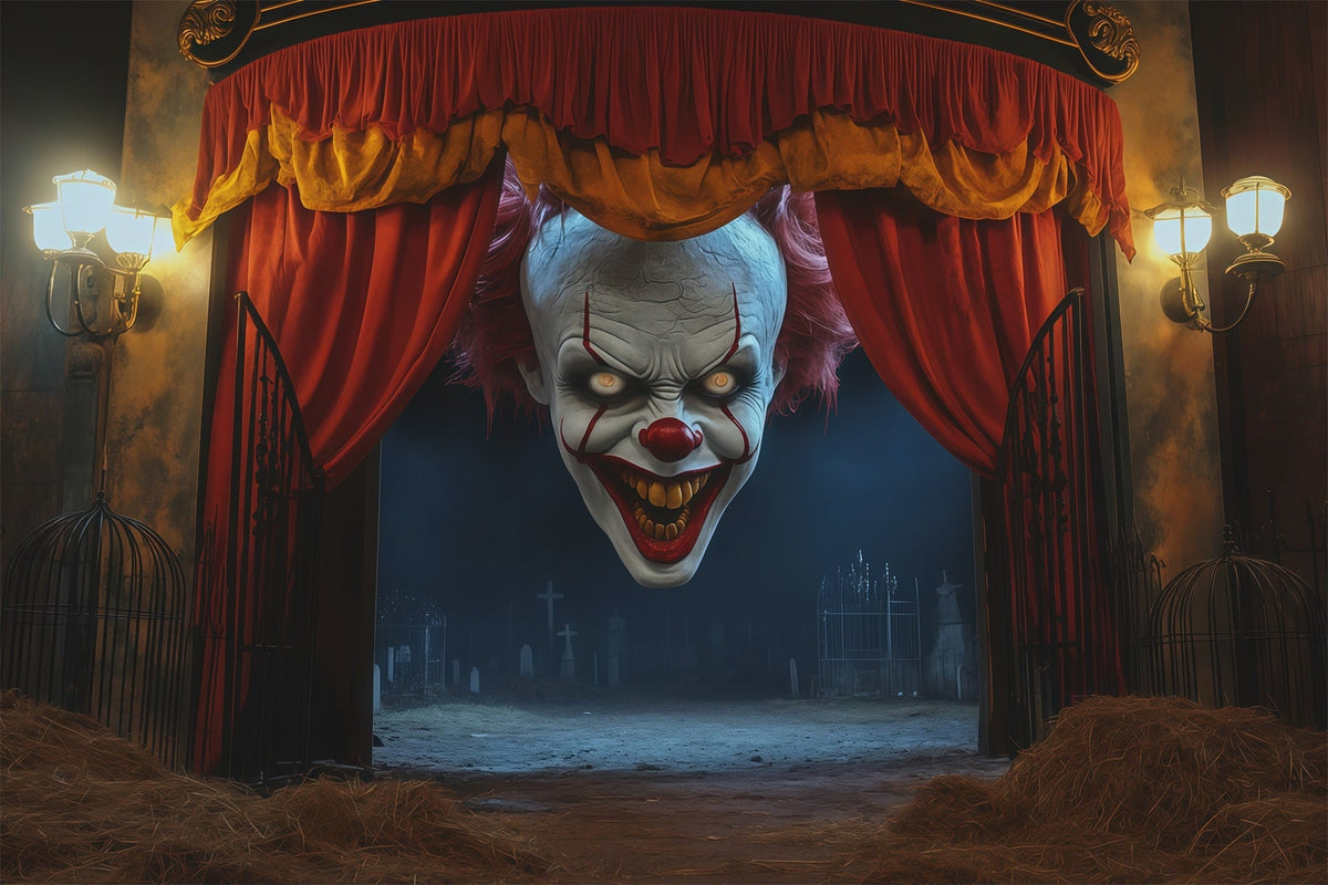 Gruseliger Clown Als Hintergrund Unheimlicher Theatereingang Als Hintergrund Leeres Grab Als Hintergrund RR67-161
