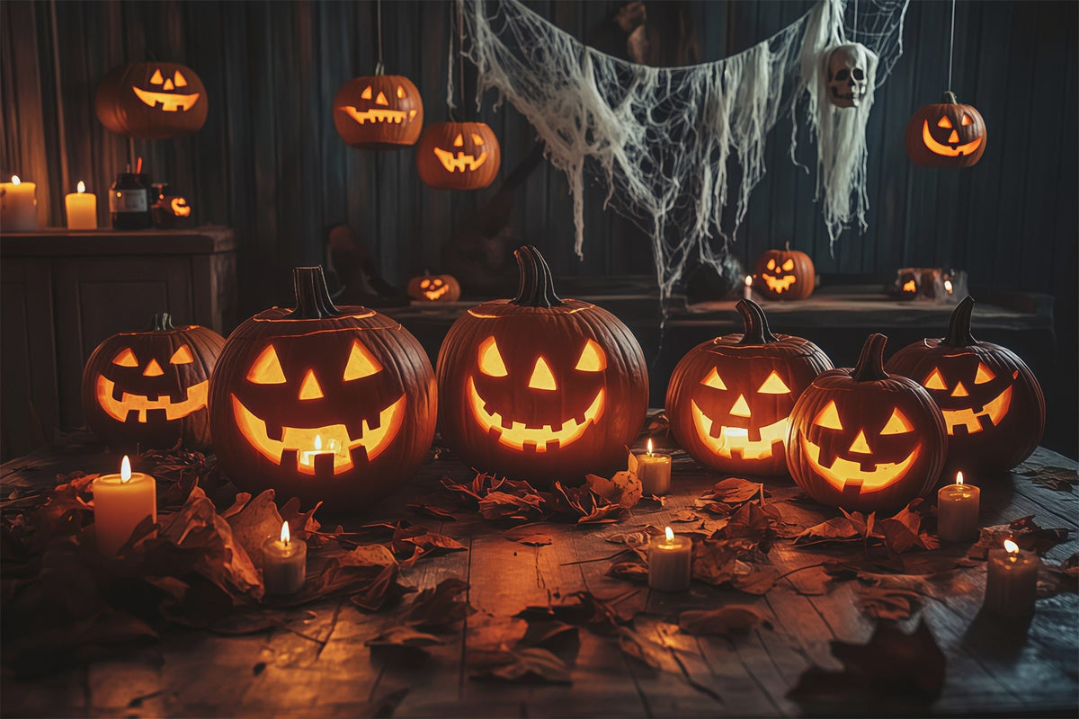 Kürbis-Halloween-Hintergrund Kerzenbeleuchteter Esstisch Halloween-Party-Hintergründe RR67-174