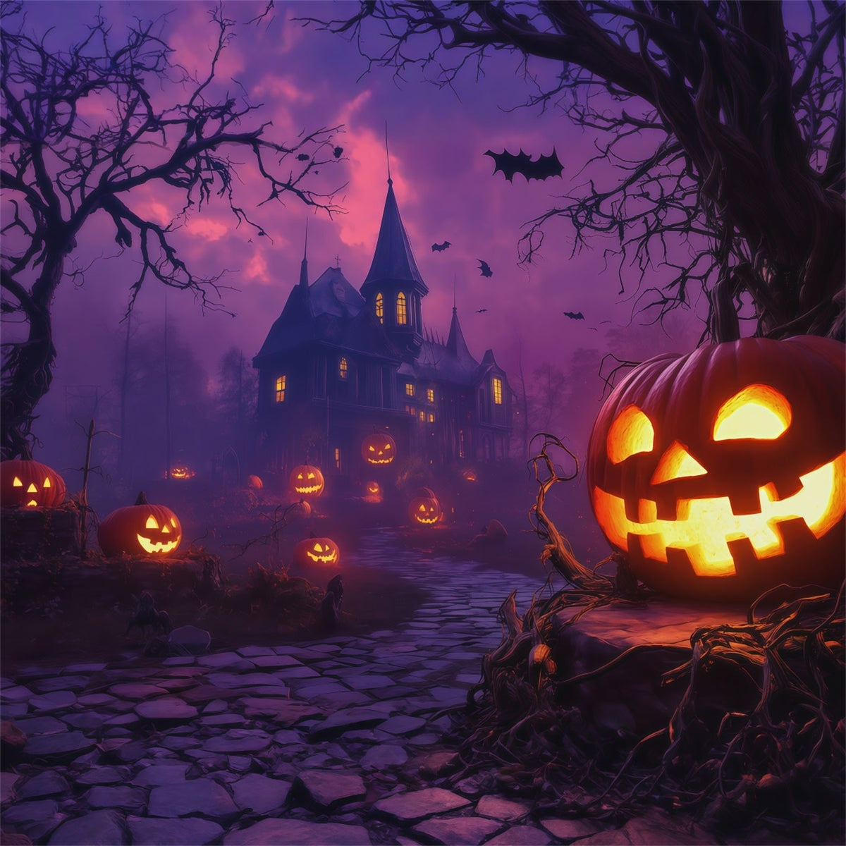 Kürbisse Als Hintergrund Lila Himmel Spukhaus Halloween-Hintergrund Foto RR67-176