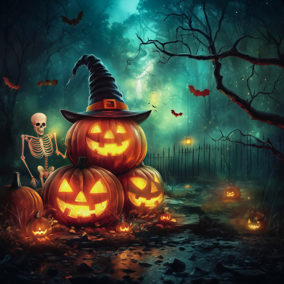 Kürbis-Hintergrund Hexen-Skelett-Wald-Hintergrund Halloween-Fotokabine RR67-183
