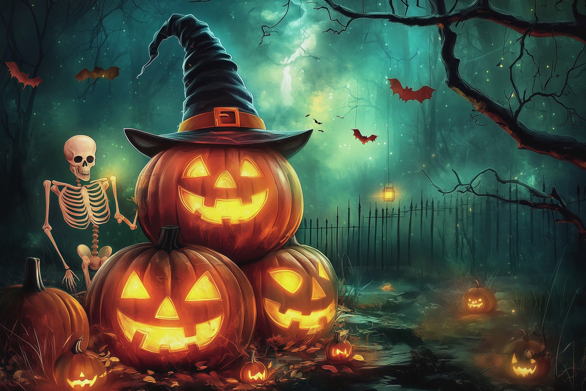 Kürbis-Hintergrund Hexen-Skelett-Wald-Hintergrund Halloween-Fotokabine RR67-183
