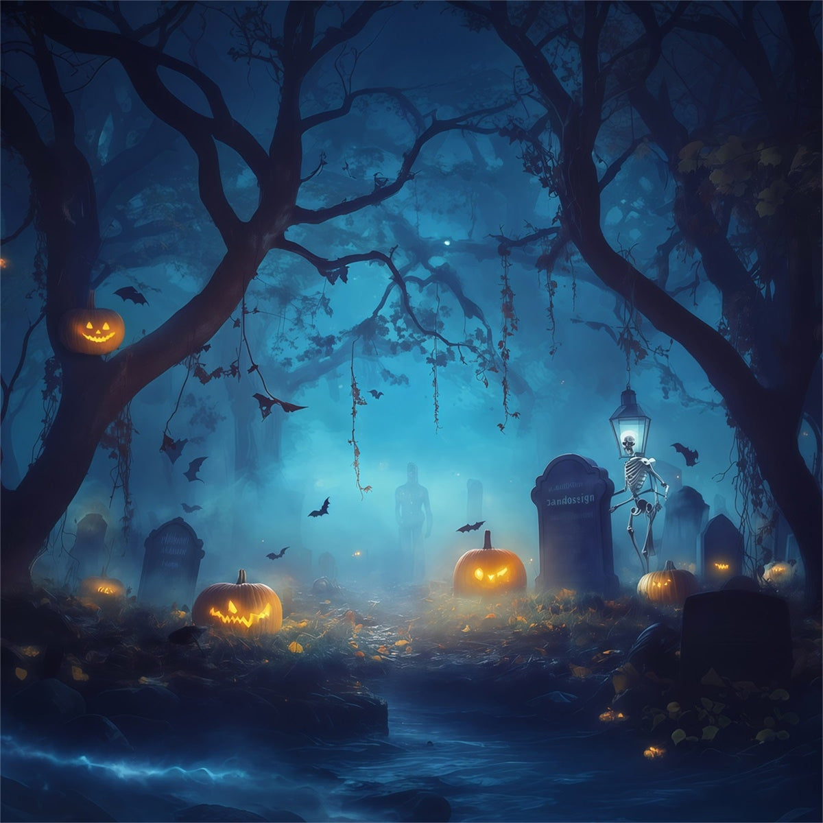 Kürbis-Hintergrund Nebliger Skelettfriedhof Gruselige Halloween-Hintergrundideen RR67-192