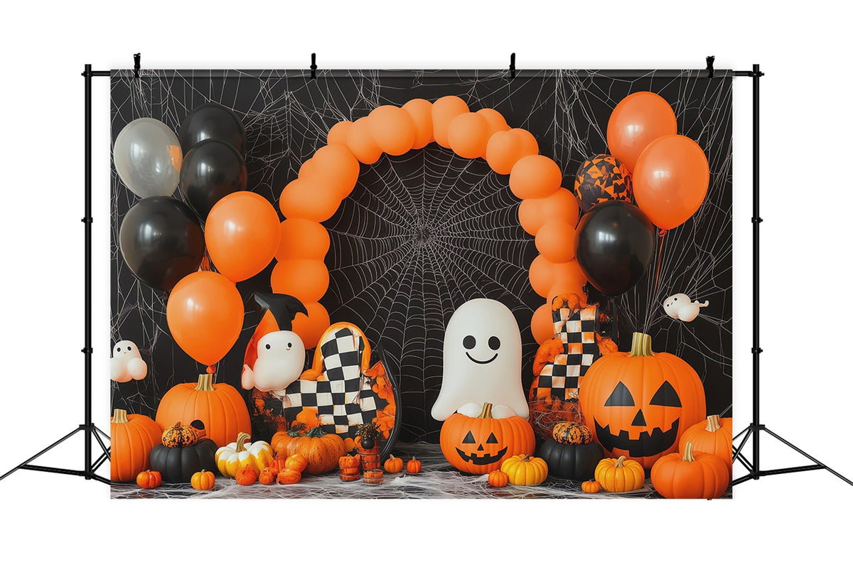 Halloween-Hintergrund Mit Ballonbogen Geist Kürbis Und Spinnennetz Party-Stoffhintergrund RR67-194