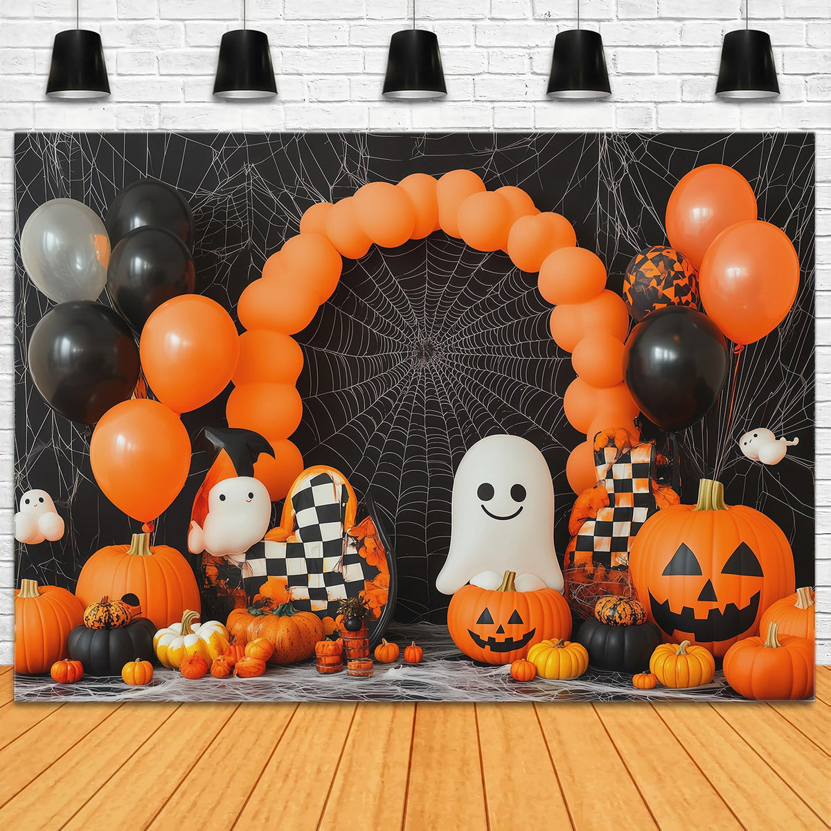 Halloween-Hintergrund Mit Ballonbogen Geist Kürbis Und Spinnennetz Party-Stoffhintergrund RR67-194
