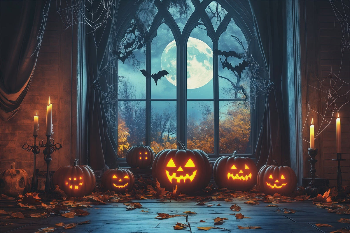 Halloween-Kulisse Mit Fenster Gotischem Motiv Mondbeschienenem Kürbis Und Bogen RR67-195