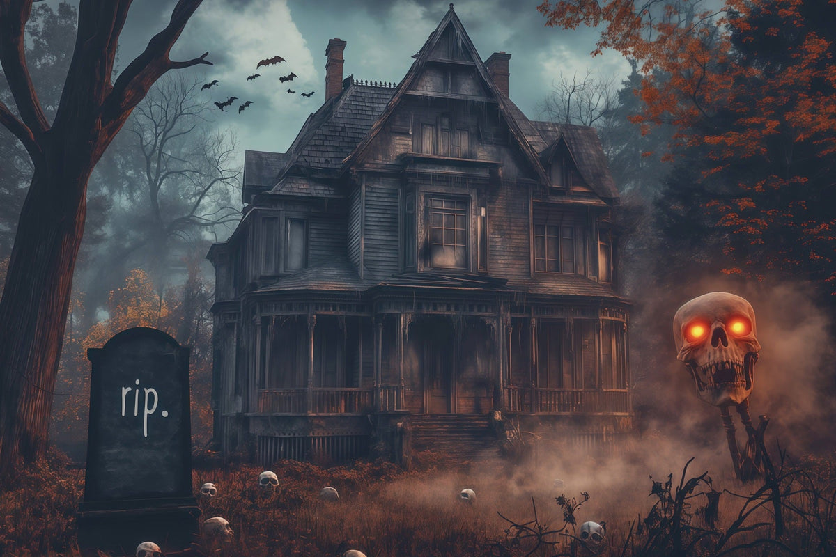Hintergrundkulisse Spukhaus Nebliger Totenkopf Spukhaus-Halloween-Hintergrund Fotokabine RR67-196