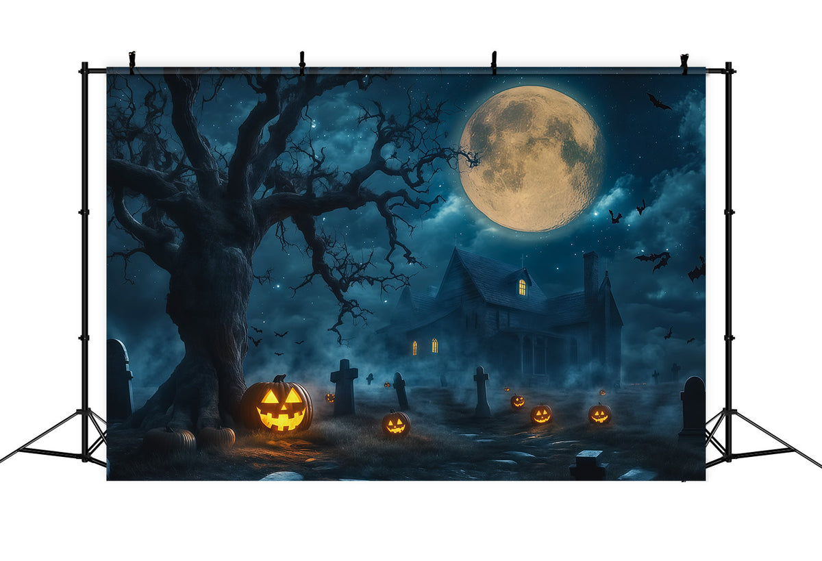 Hintergrundbanner Für Ein Spukhaus Mondbeschienener Kürbis Friedhof Herrenhaus Halloween-Bühnenhintergrund RR67-197