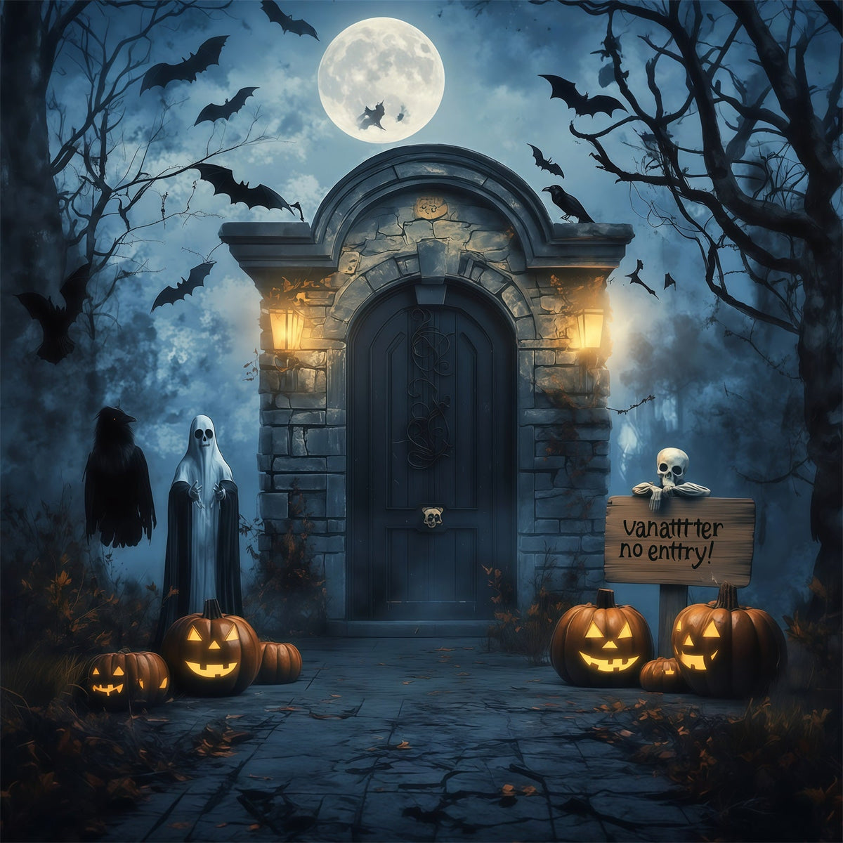 Halloween-Fotohintergrund Für Den AußenbereichSpuktür Geister Kürbisse RR67-21