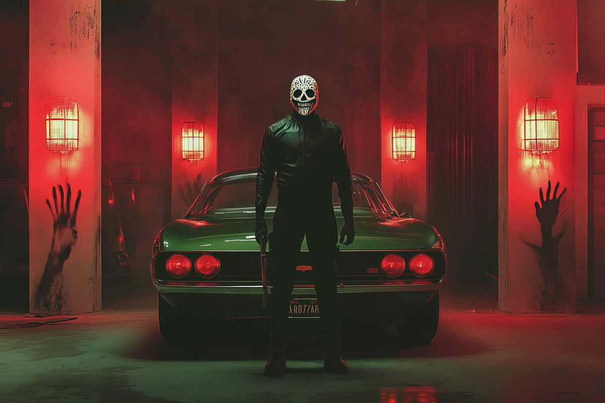 Halloween-Garage-Kulisse Maskiertes Killerauto Blutige Handabdrücke Hintergründe Für Halloween RR67-25