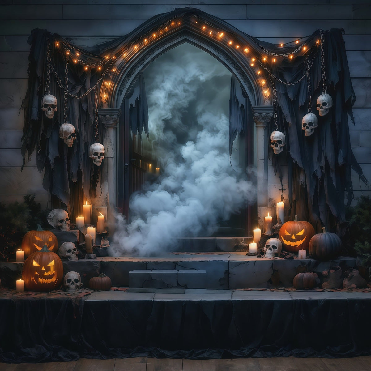 Halloween-Hintergrundideen Zum SelbermachenTotenkopf Nebliger Türrahmen Gruselige Hintergründe Für Halloween RR67-31