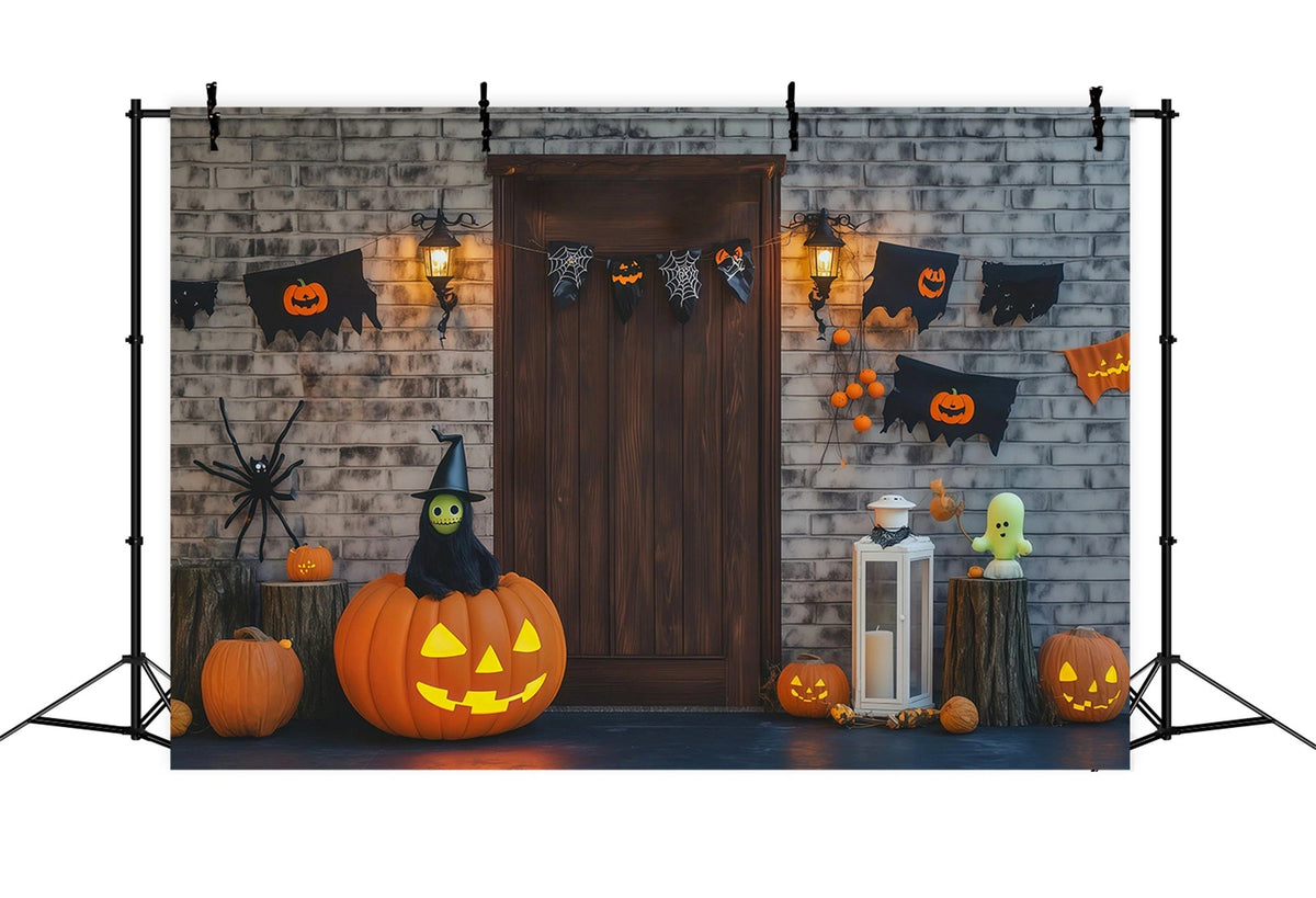 Halloween-Fotohintergrund Mit Backsteintür Und Kürbisdekorationen RR67-4