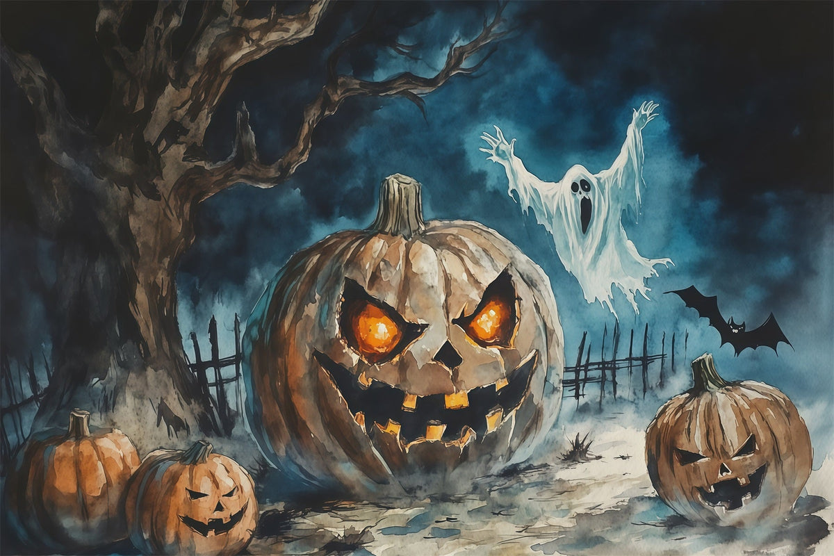 Halloween-Hintergrundfotografie Aquarell Kürbis Geist Baum Halloween Gruseliger Hintergrund RR67-42