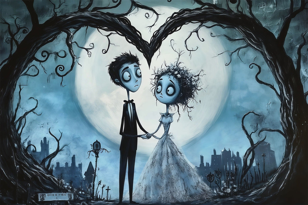 Halloween-Hochzeitshintergrund Gotisches Paar Herz Mond Halloween-Fotohintergrund RR67-53